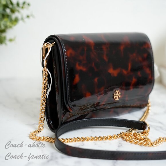NWT Tory Burch Emerson Tortoise Patent Leather Chain Wallet 165943 - Picture 2 of 8
